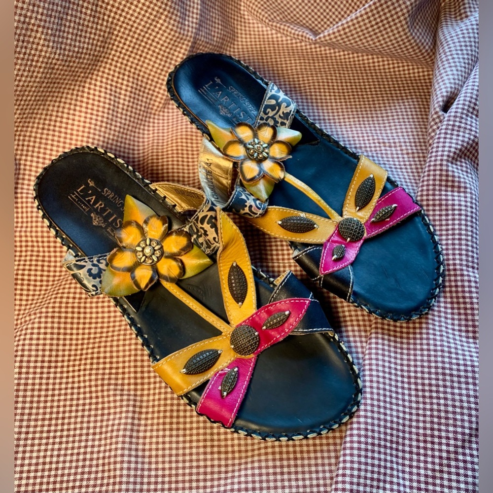 Spring Step L'Artiste Sandals Navy Blue Gold Mustard Pink 9.5/10 41 Floral Chic
